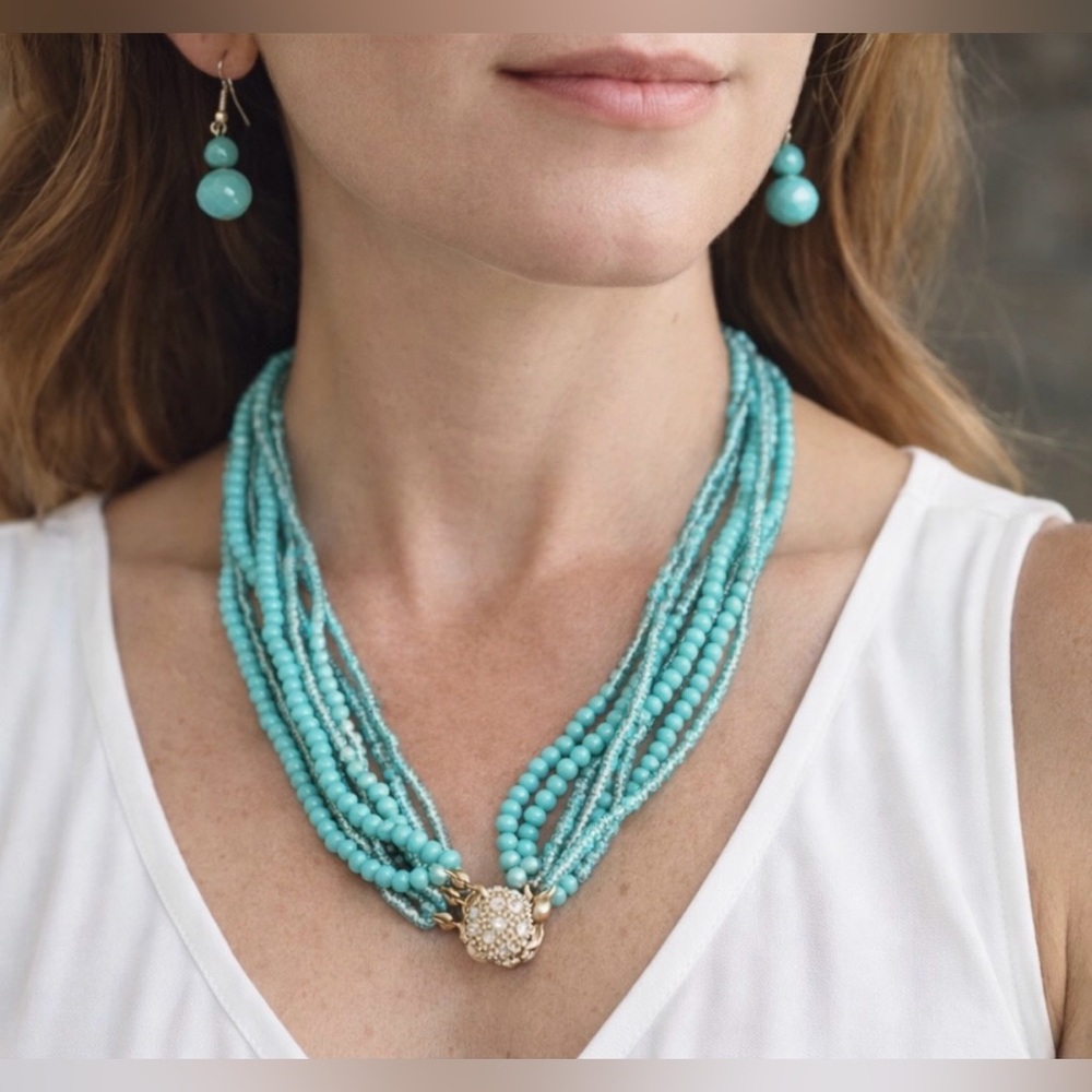 Boho Chic Turquoise Layered Necklace & Drop Earrings Set
magnetic clasp closure.